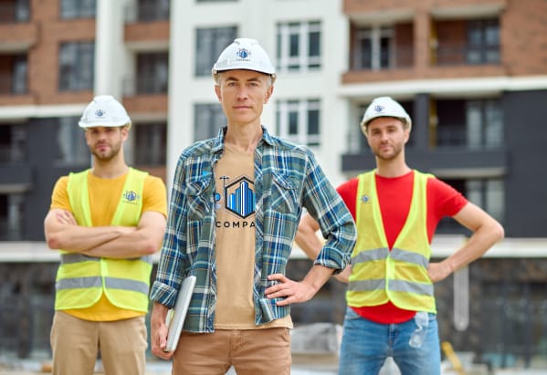 Lavoratori sul cantiere con magliette e gilet catarifrangenti personalizzati con il logo aziendale