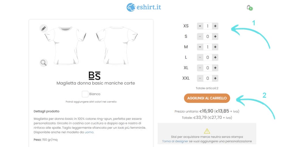 Seleziona quantita e taglia